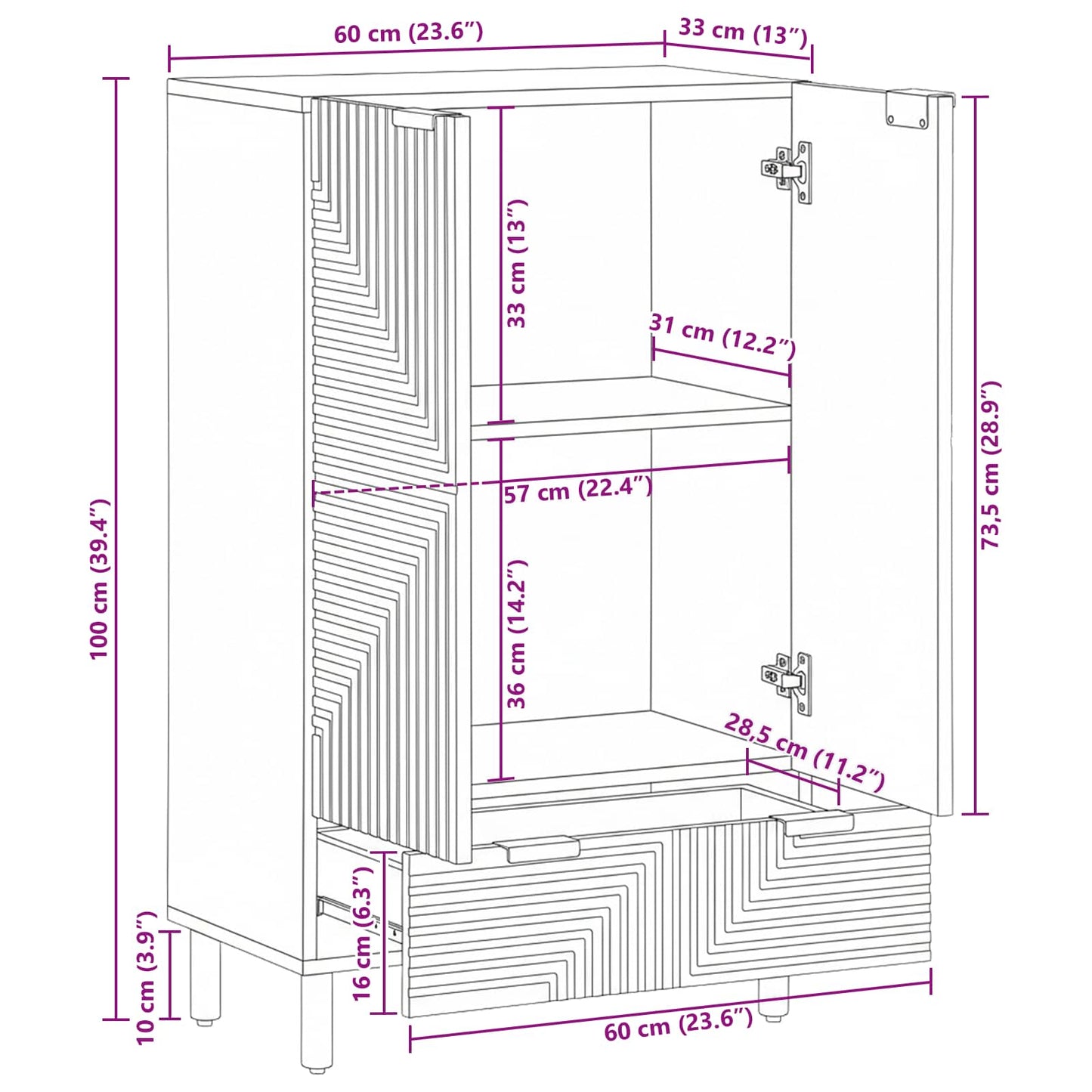 vidaXL Highboard with Drawer Brown 60 x 33 x 100 cm Solid Mango Wood