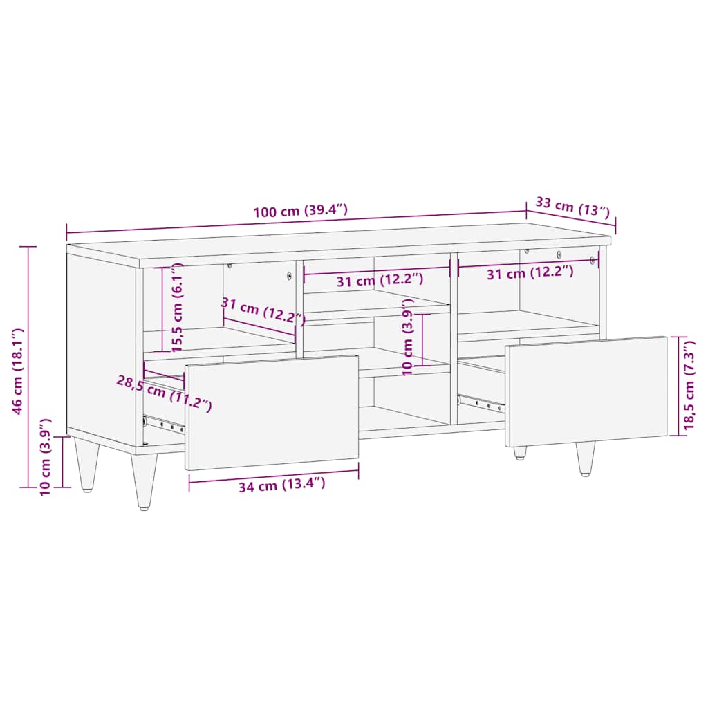 vidaXL TV Cabinet Black 100x33x46 cm Solid Wood Mango