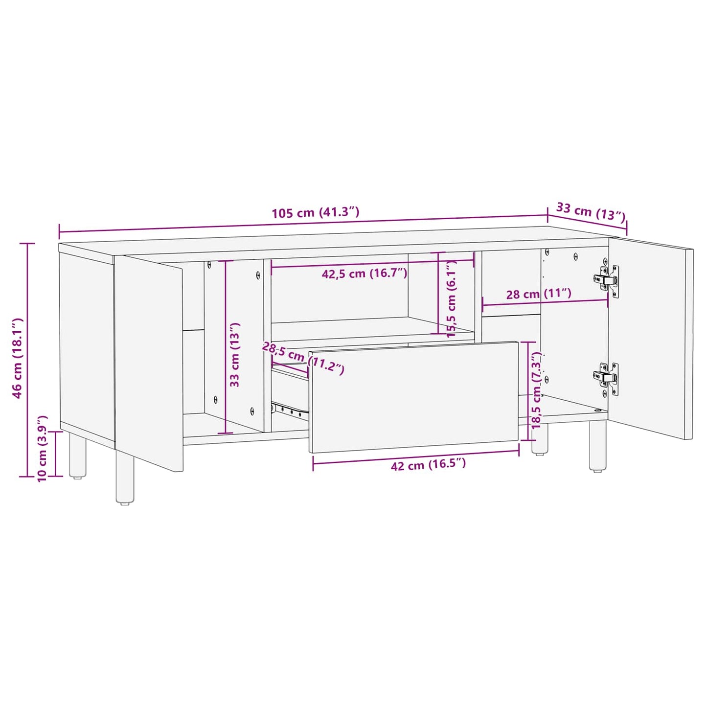 vidaXL TV Cabinet White Wash Finish 105 x 33 x 46 cm Solid Mango Wood