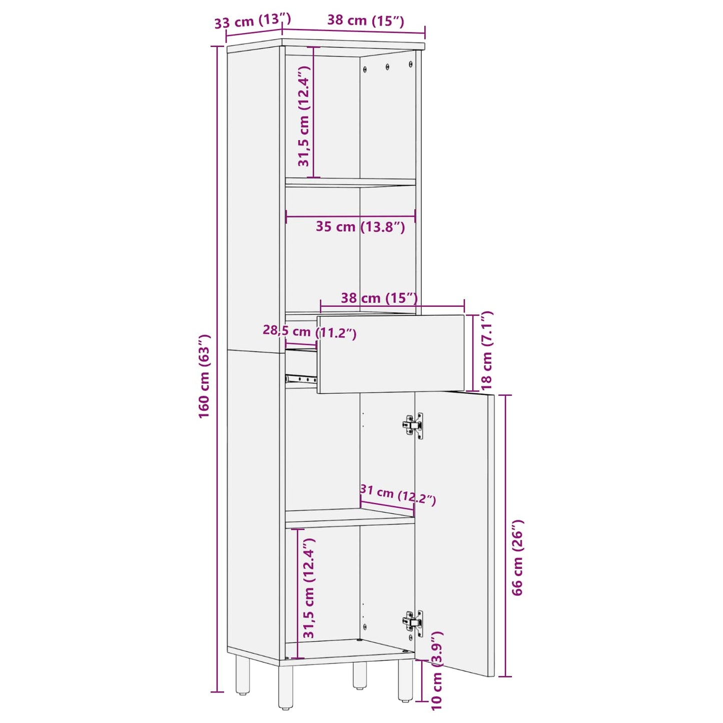 vidaXL Bathroom Cabinet with Shelf Black and White 38 x 33 x 160 cm