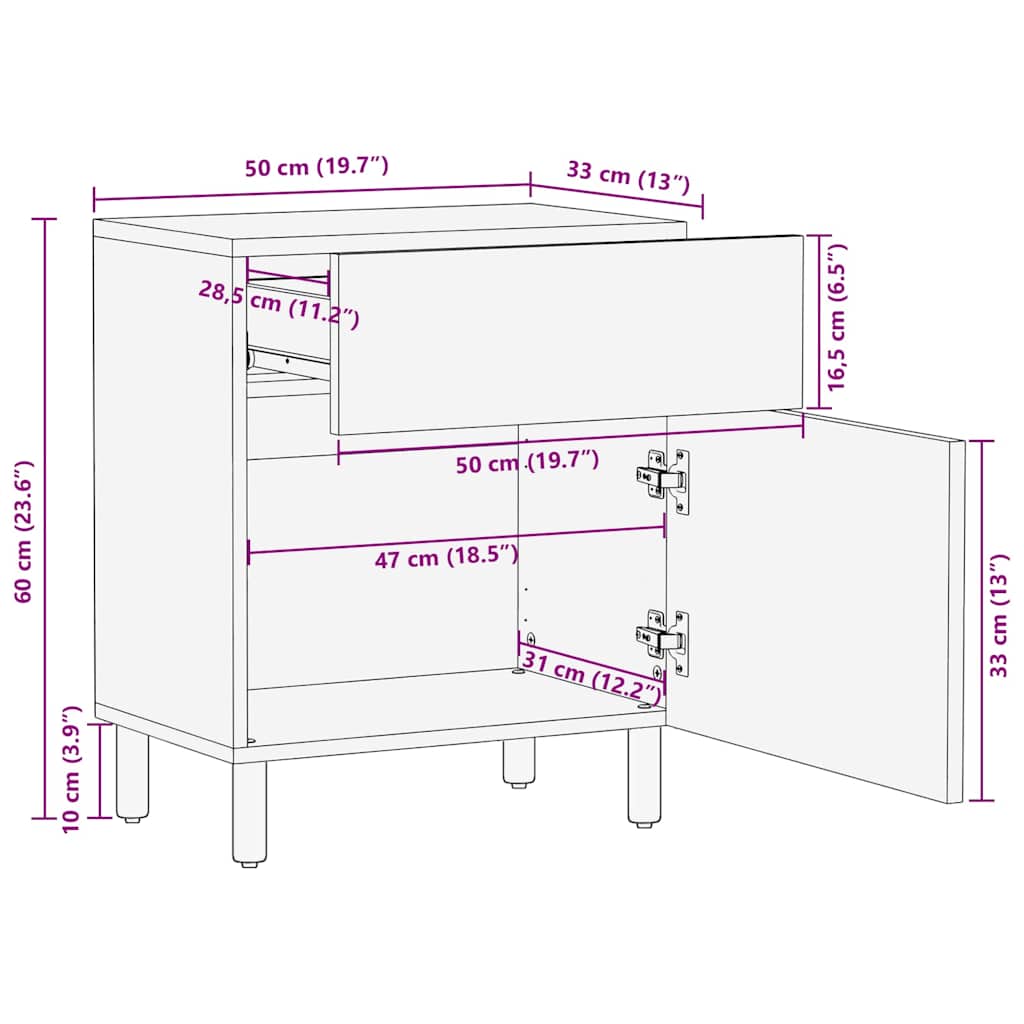 vidaXL Bedside Cabinet Brown 50 x 33 x 60 cm Solid Mango Wood