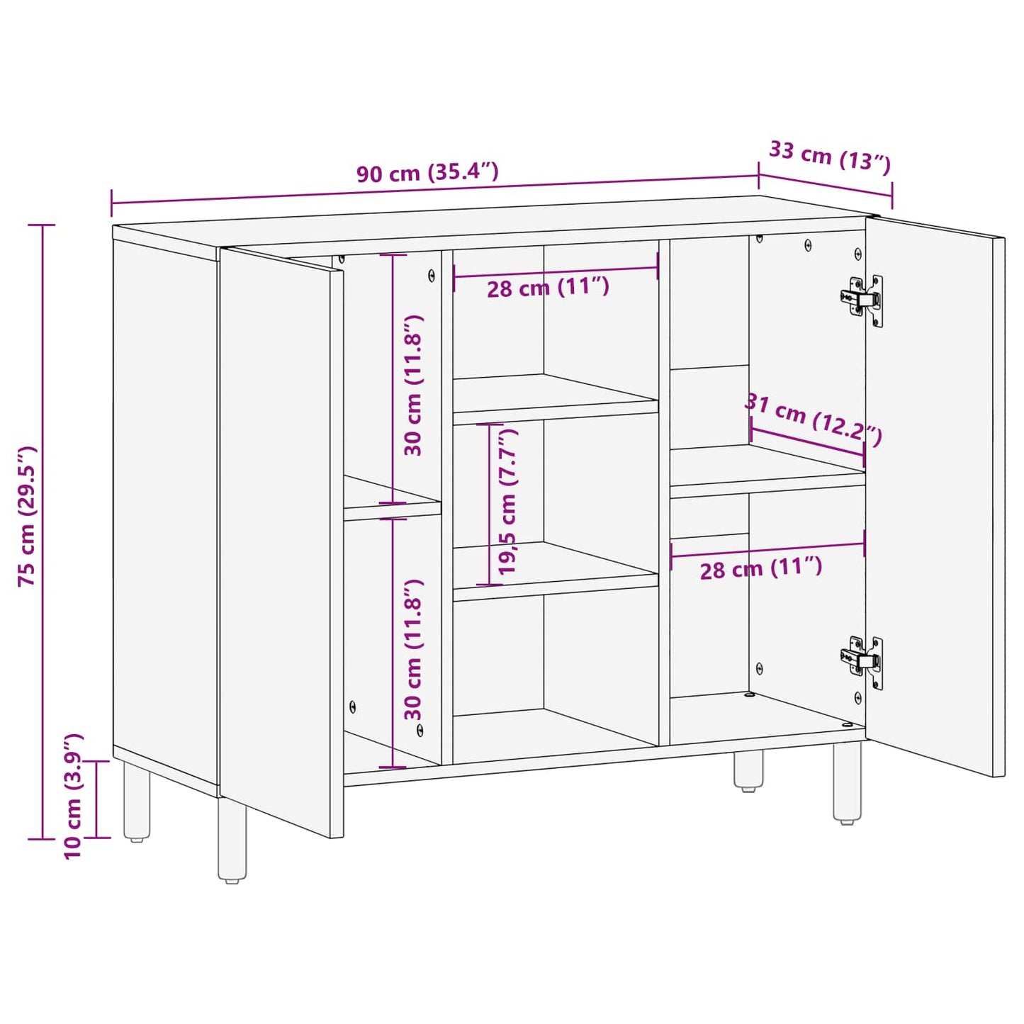 vidaXL Sideboard Acacia Brown Finish 90 x 33 x 75 cm Solid Mango Wood