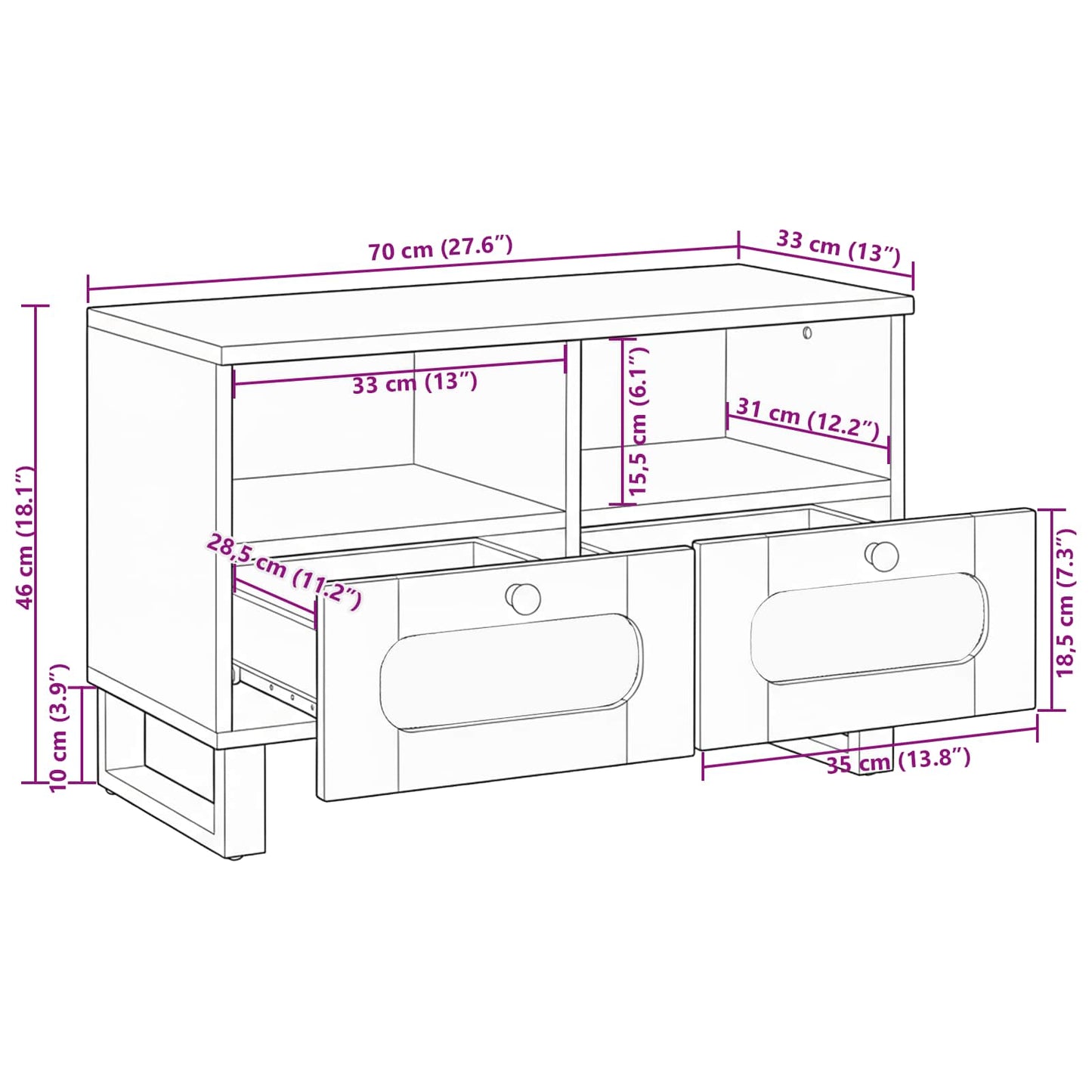 vidaXL TV Cabinet with Drawer Brown 70 x 33x 46 cm Solid Mango Wood
