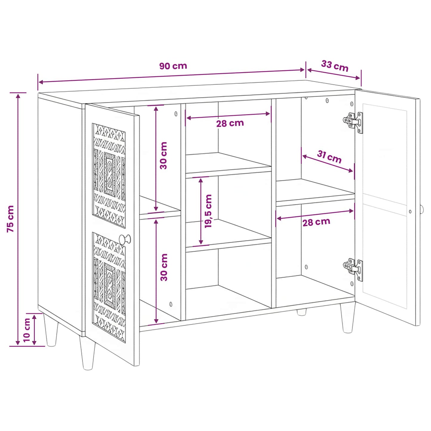 vidaXL Sideboard 90 x 33 x 75 cm Solid Mango Wood