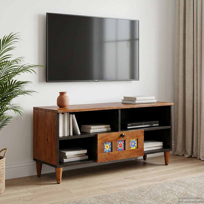 vidaXL TV Cabinet with Drawer Walnut 100 x 33 x 46 cm Solid Mango Wood
