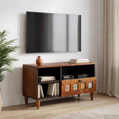 vidaXL TV Cabinet with Drawer Walnut 80 x 33 x 46 cm Solid Mango Wood