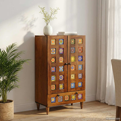 vidaXL Highboard with Door Walnut 60 x 33.5 x 100 cm Solid Mango Wood