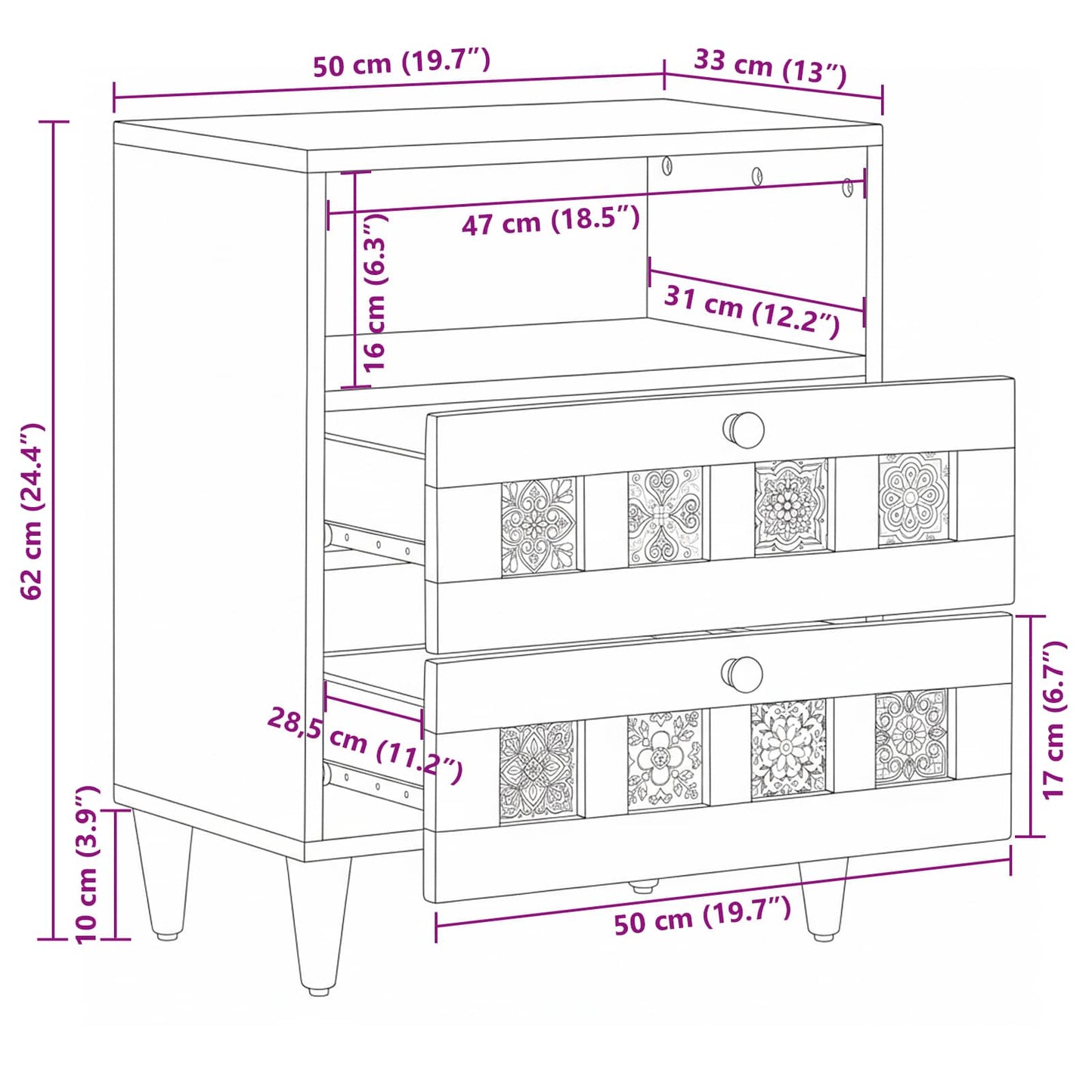 vidaXL Bedside Cabinet Natural 50 x 33 x 62 cm Solid Mango Wood