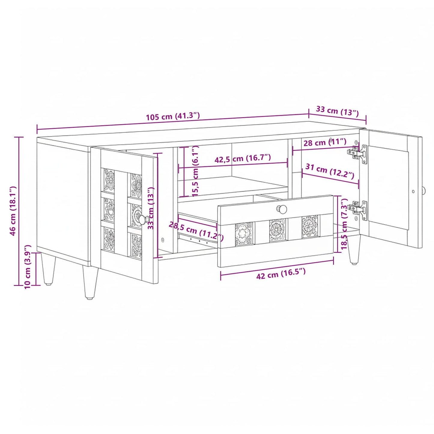 vidaXL TV Cabinet Natural 105 x 33.5 x 46 cm Solid Mango Wood