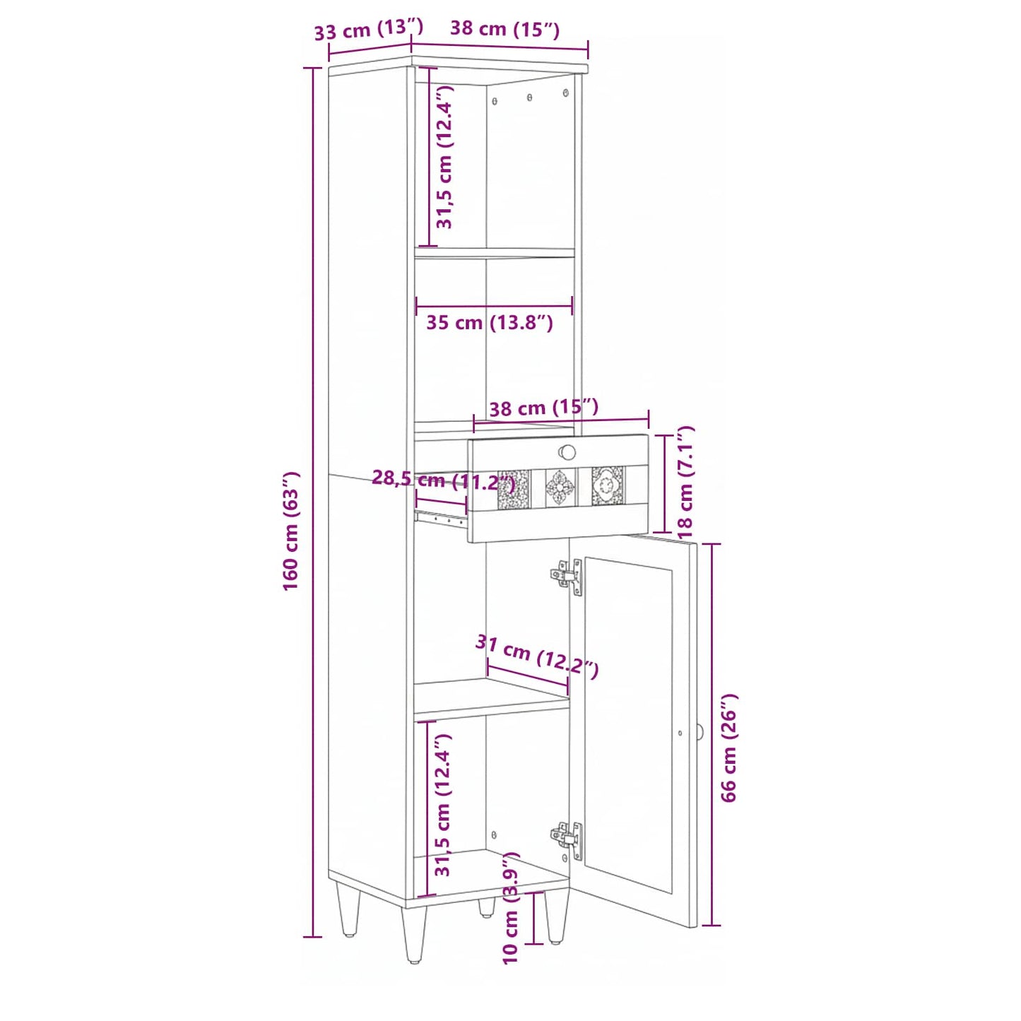 vidaXL Bathroom Cabinet Natural 38 x 33 x 160 cm Solid Mango Wood