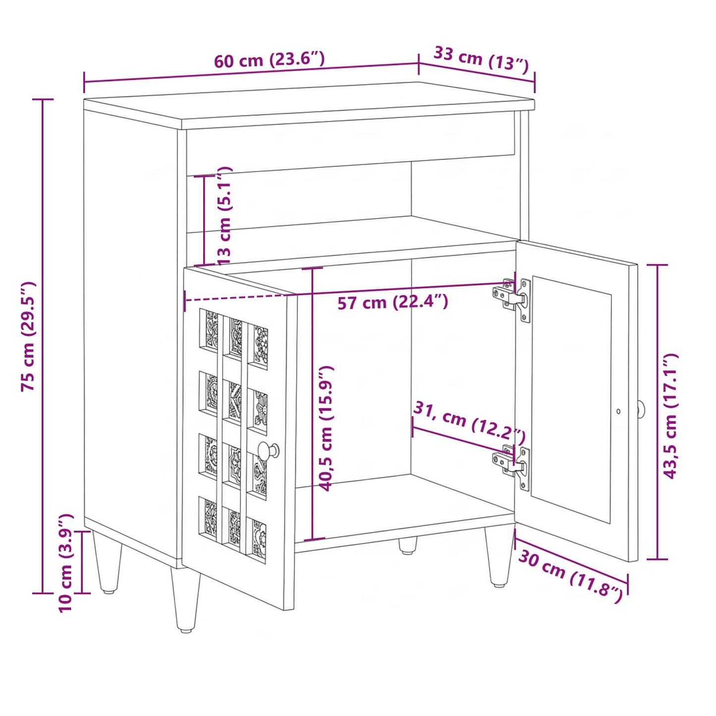 vidaXL Sideboard with Door Natural 60 x 33.5 x 75 cm Solid Mango Wood