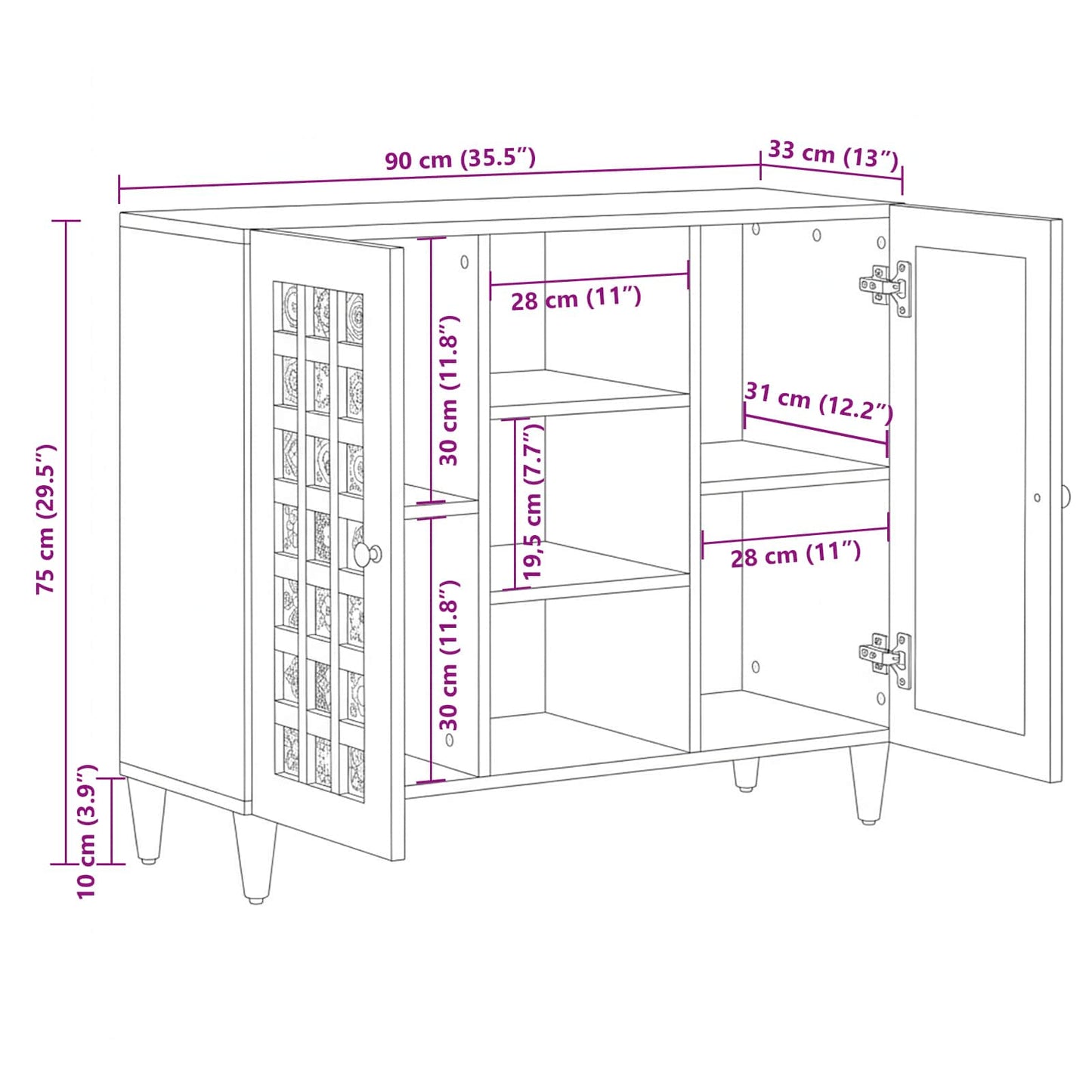 vidaXL Sideboard with Shelf Natural 90 x 33 x 75 cm Solid Mango Wood