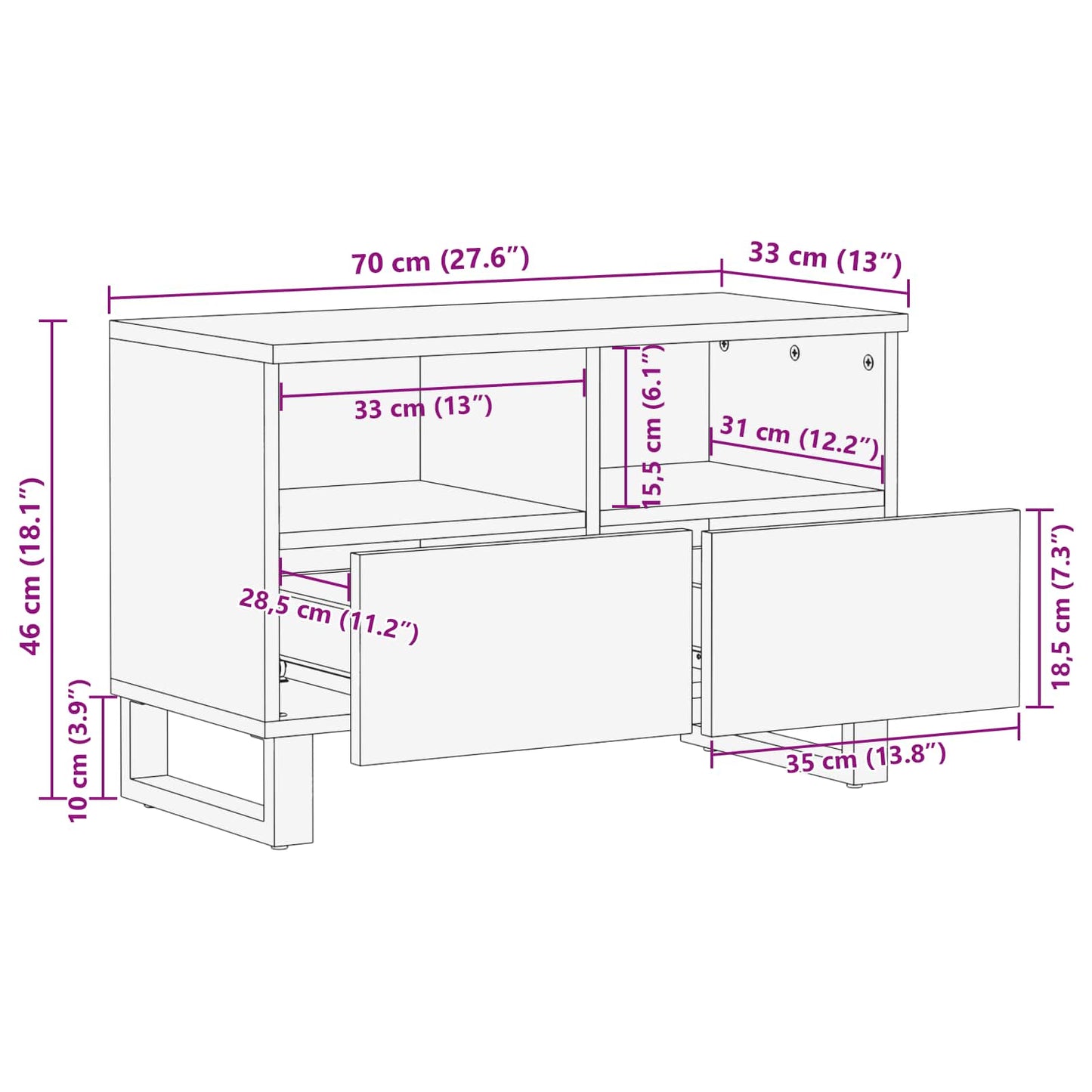 vidaXL TV Cabinet with Storage Brown 70 x 33 x 46 cm Solid Mango Wood