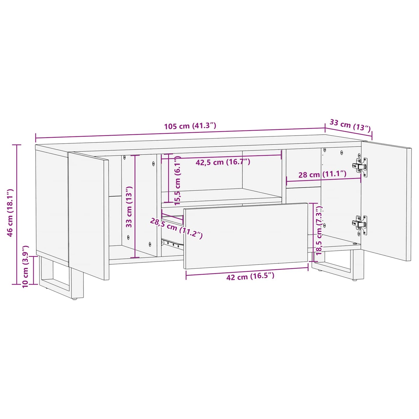 vidaXL TV Cabinet with Shelf Brown 105 x 33 x 46 cm Solid Mango Wood