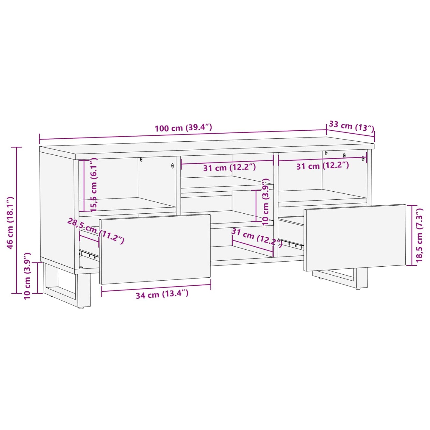 vidaXL TV Cabinet Corona Brown 100 x 33 x 46 cm Solid Mango Wood