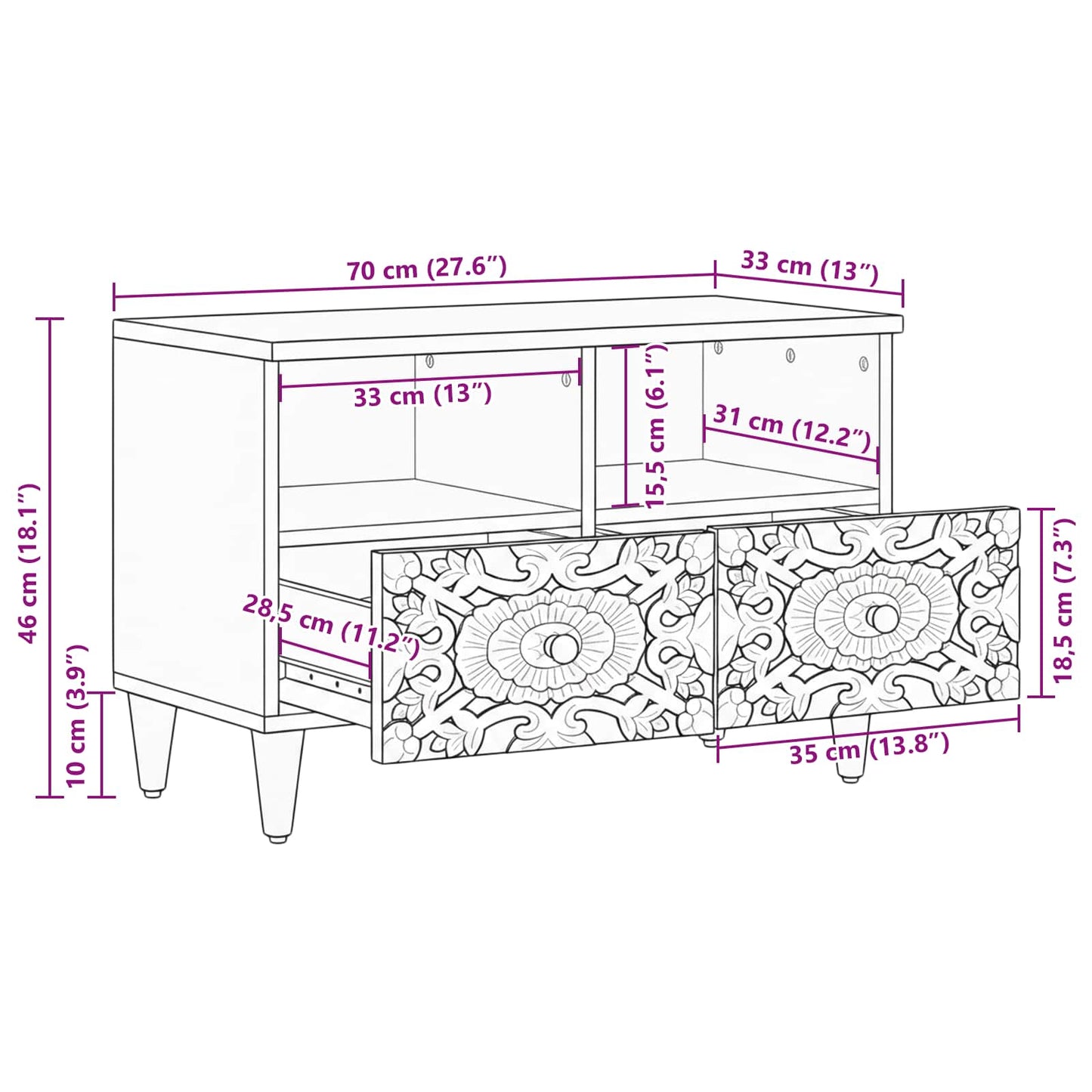 vidaXL TV Cabinet Brown 70 x 33.5 x 46 cm Solid Mango Wood