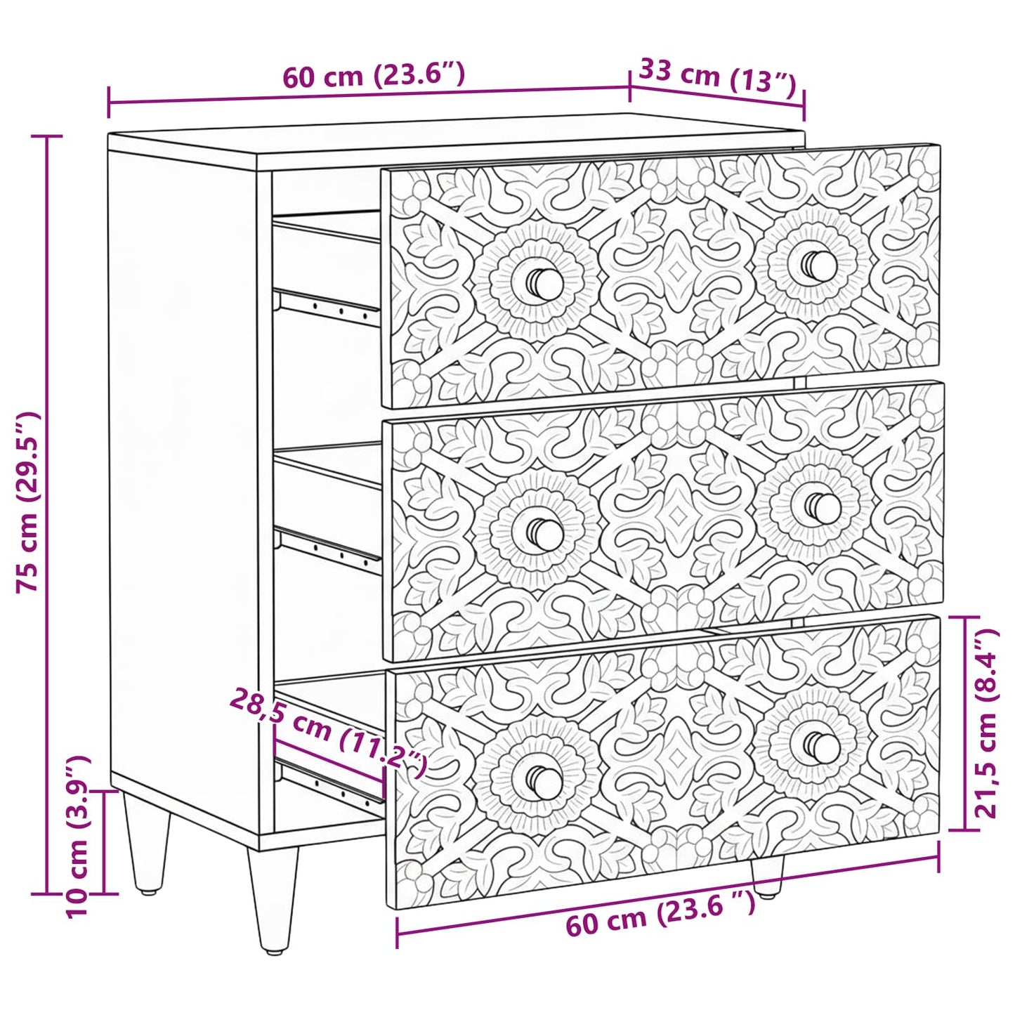 vidaXL Storage Sideboard Brown 60 x 33.5 x 75 cm Solid Mango Wood