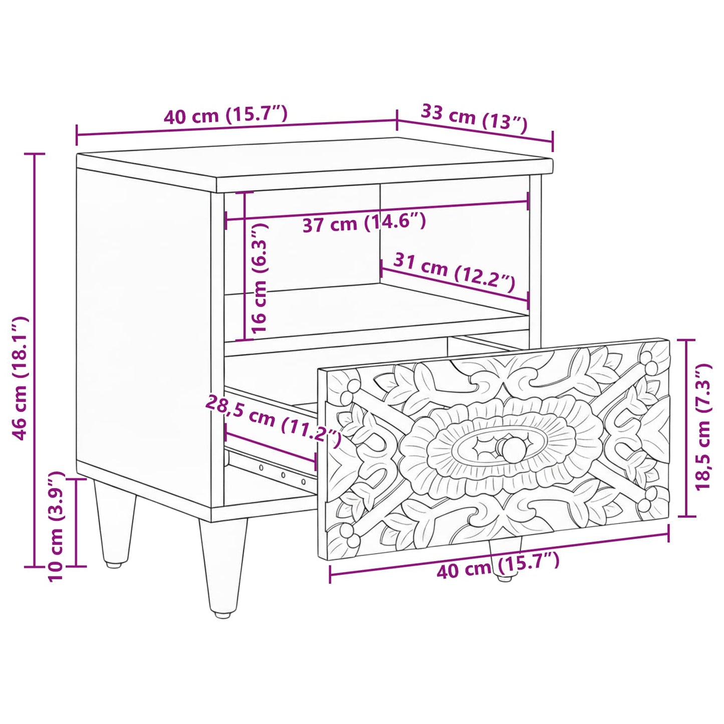 vidaXL Bed cabinet with Drawer Brown 40 x 33 x 46 cm Solid Mango Wood