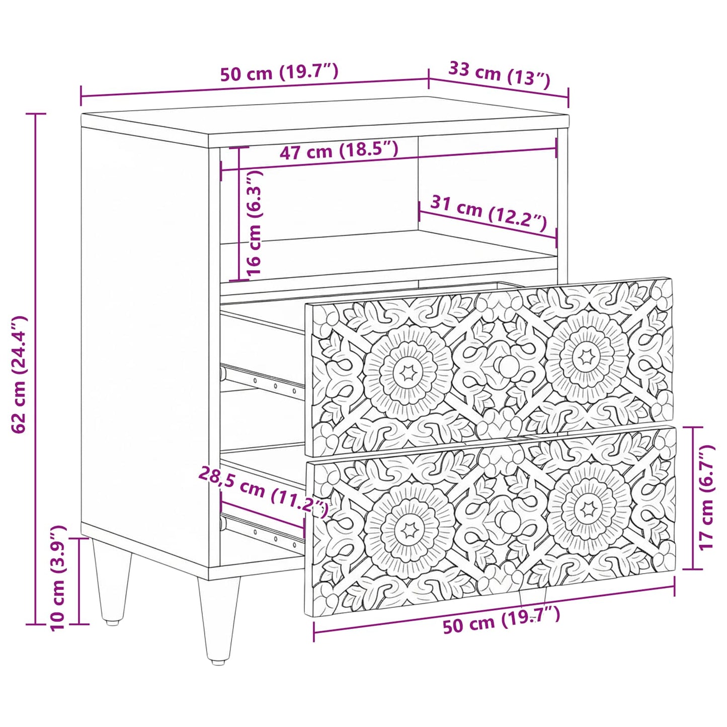 vidaXL Bed cabinet with Drawer Brown 50 x 33 x 60 cm Solid Mango Wood