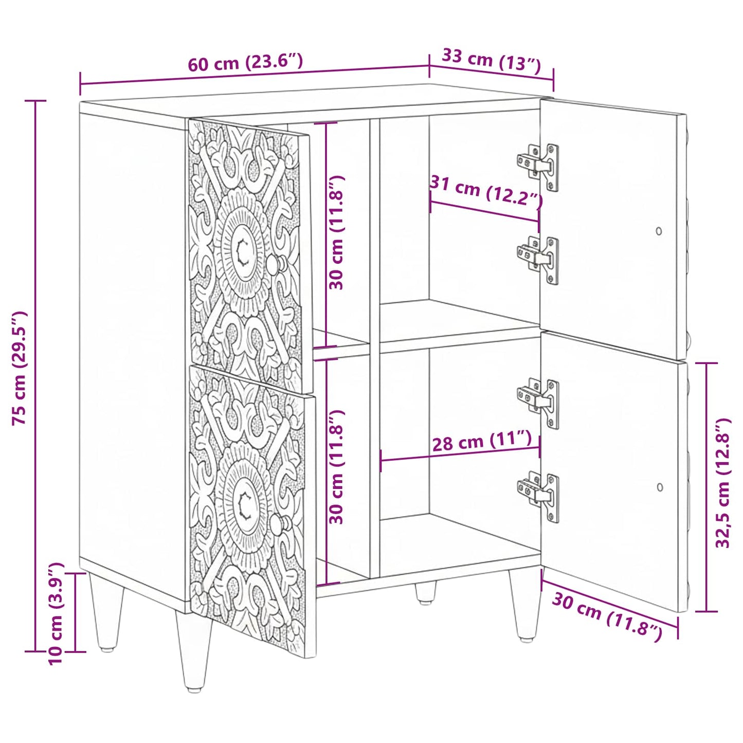 vidaXL Sideboard with Storage Brown 60 x 33.5 x 75 cm Solid Mango Wood