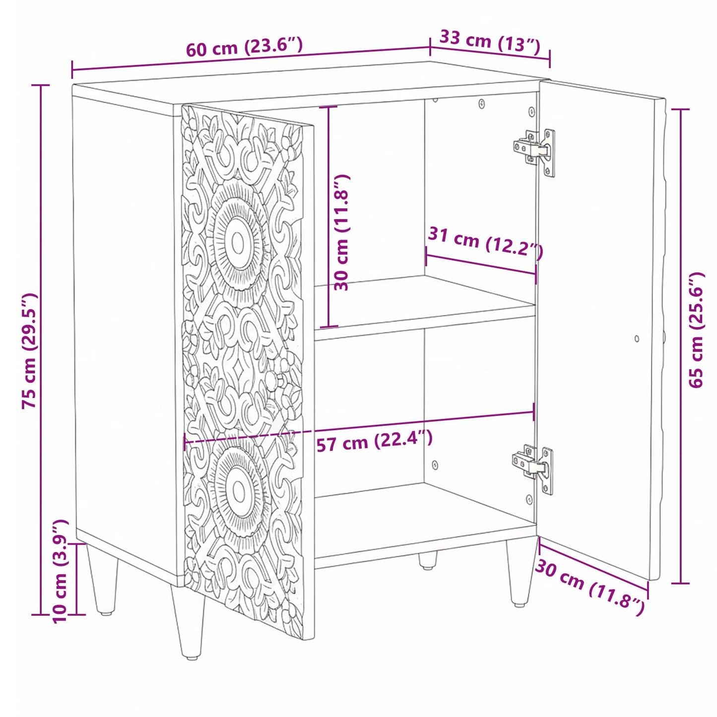 vidaXL Storage Sideboard White 60 x 33.5 x 75 cm Solid Mango Wood