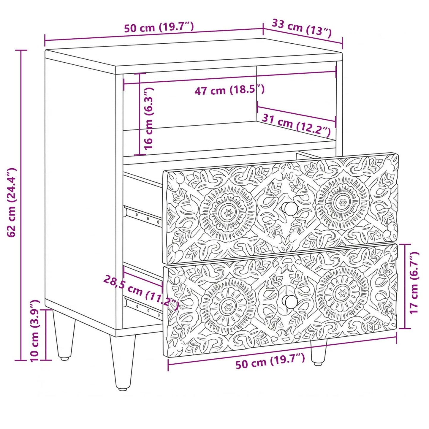 vidaXL Bed cabinet with Drawer White 50 x 33 x 60 cm Solid Mango Wood