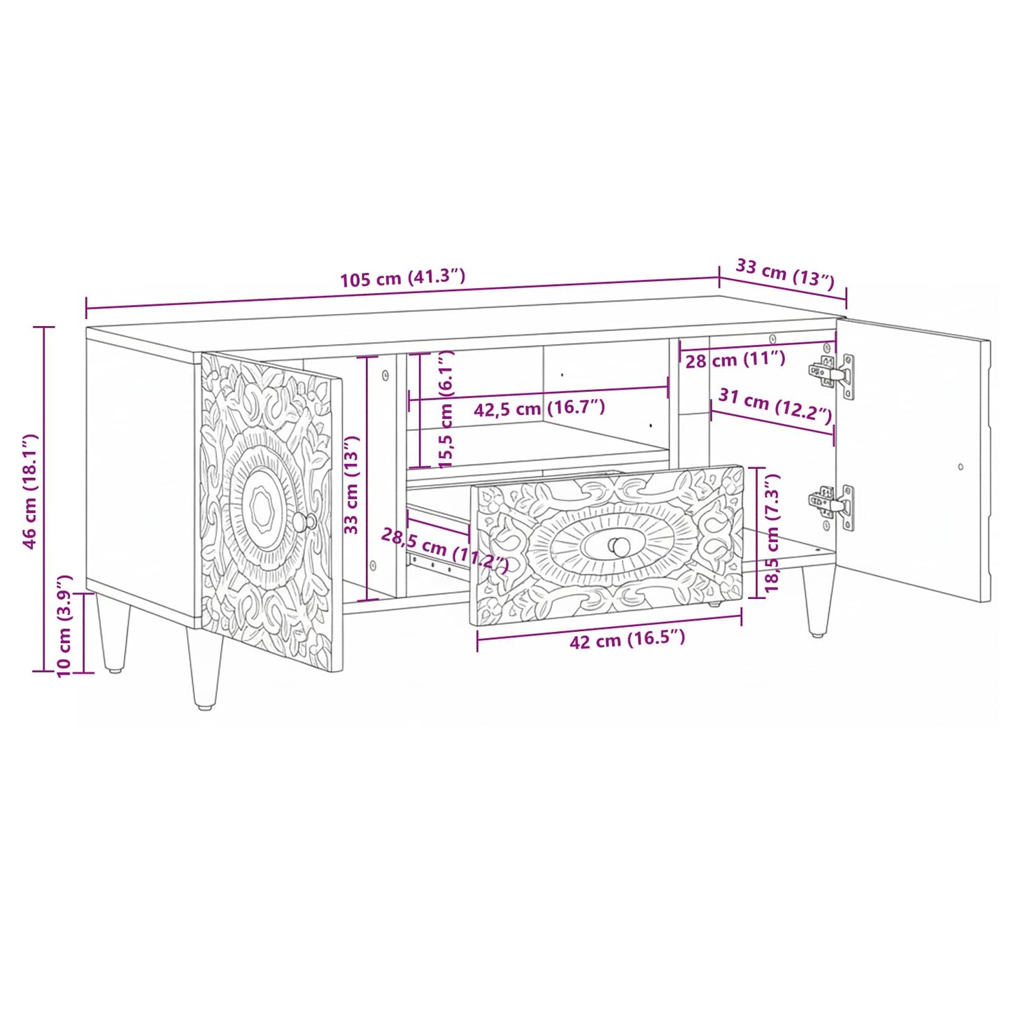 vidaXL TV Cabinet with Door White 105 x 33.5 x 46 cm Solid Mango Wood