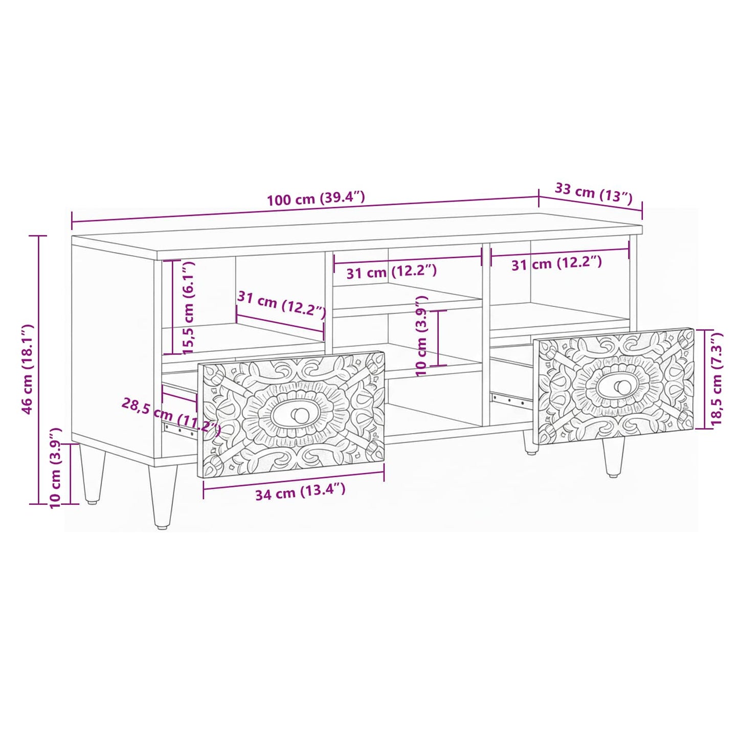 vidaXL TV Cabinet with Shelf White 100 x 33.5 x 46 cm Solid Mango Wood