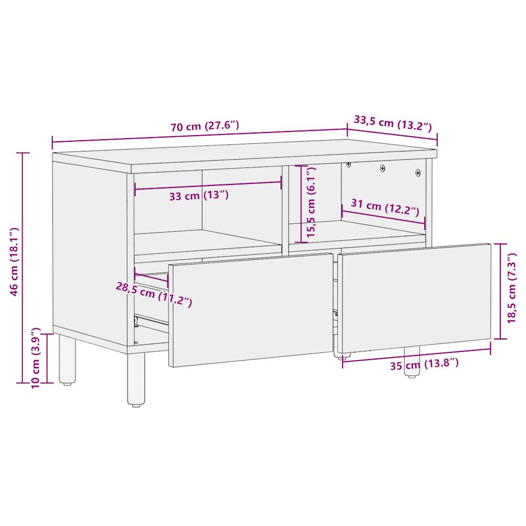 vidaXL TV Cabinet Black 70x33.5x46 cm Solid Rough Wood Mango