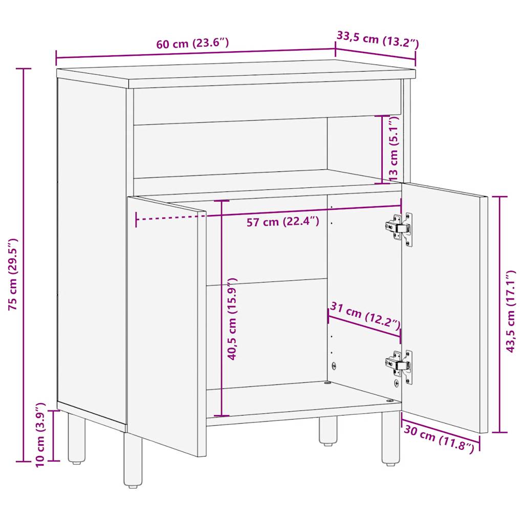 vidaXL Sideboard 60x33.5x75 cm Solid Rough Wood Mango