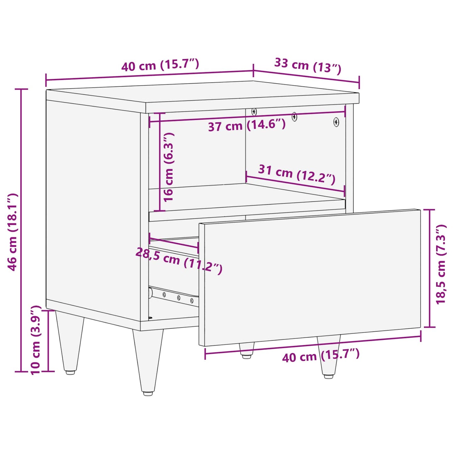 vidaXL Bedside Table Brown 40 x 33 x 46 cm Solid Mango Wood