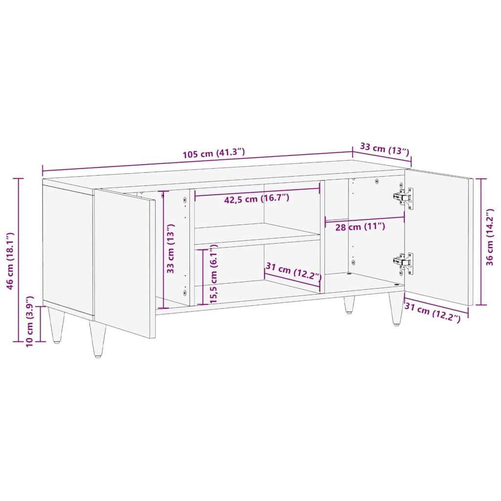 vidaXL TV Cabinet with Shelf Black 105 x 33 x 46 cm Solid Mango Wood