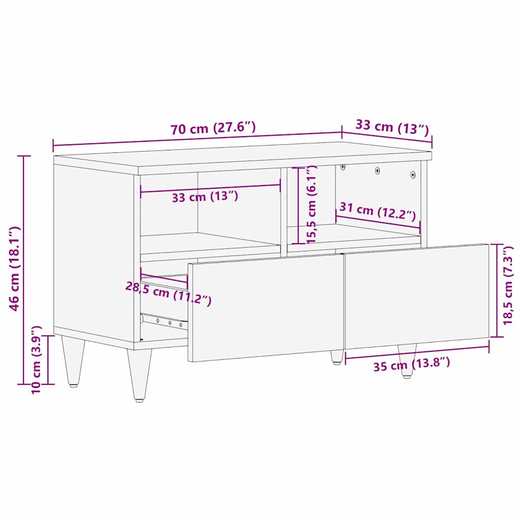 vidaXL TV Cabinet with Drawer Black 70 x 33 x 46 cm Solid Mango Wood