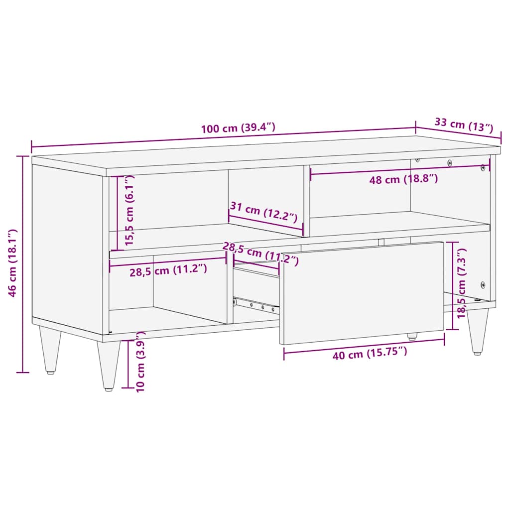 vidaXL TV Cabinet with Drawer Black 100 x 33 x 46 cm Solid Mango Wood