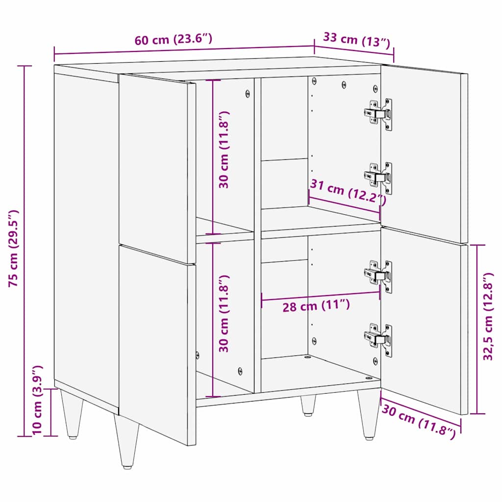 vidaXL Sideboard with Shelf Black 60 x 33 x 75 cm Solid Mango Wood