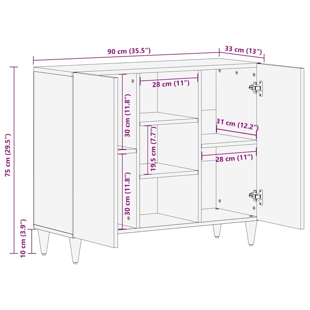 vidaXL Sideboard with Shelf Black 90 x 33 x 75 cm Solid Mango Wood