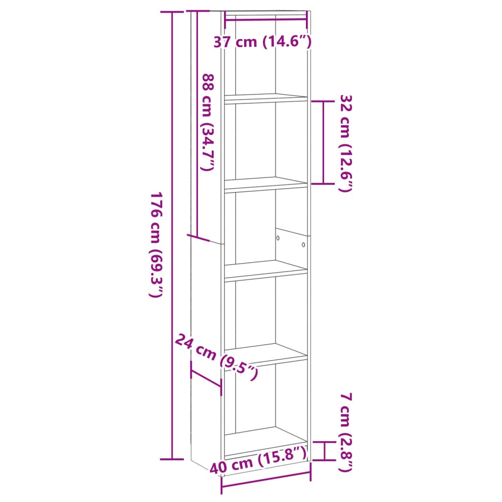 vidaXL Bookcase Sonoma Oak 40x24x176 cm Engineered Wood