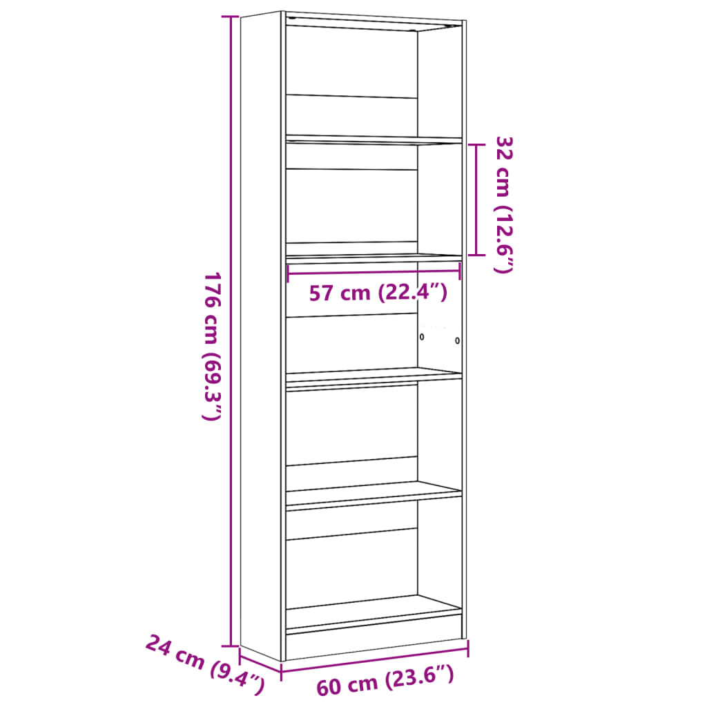 vidaXL Bookcase Old Wood 60x24x176 cm Engineered Wood