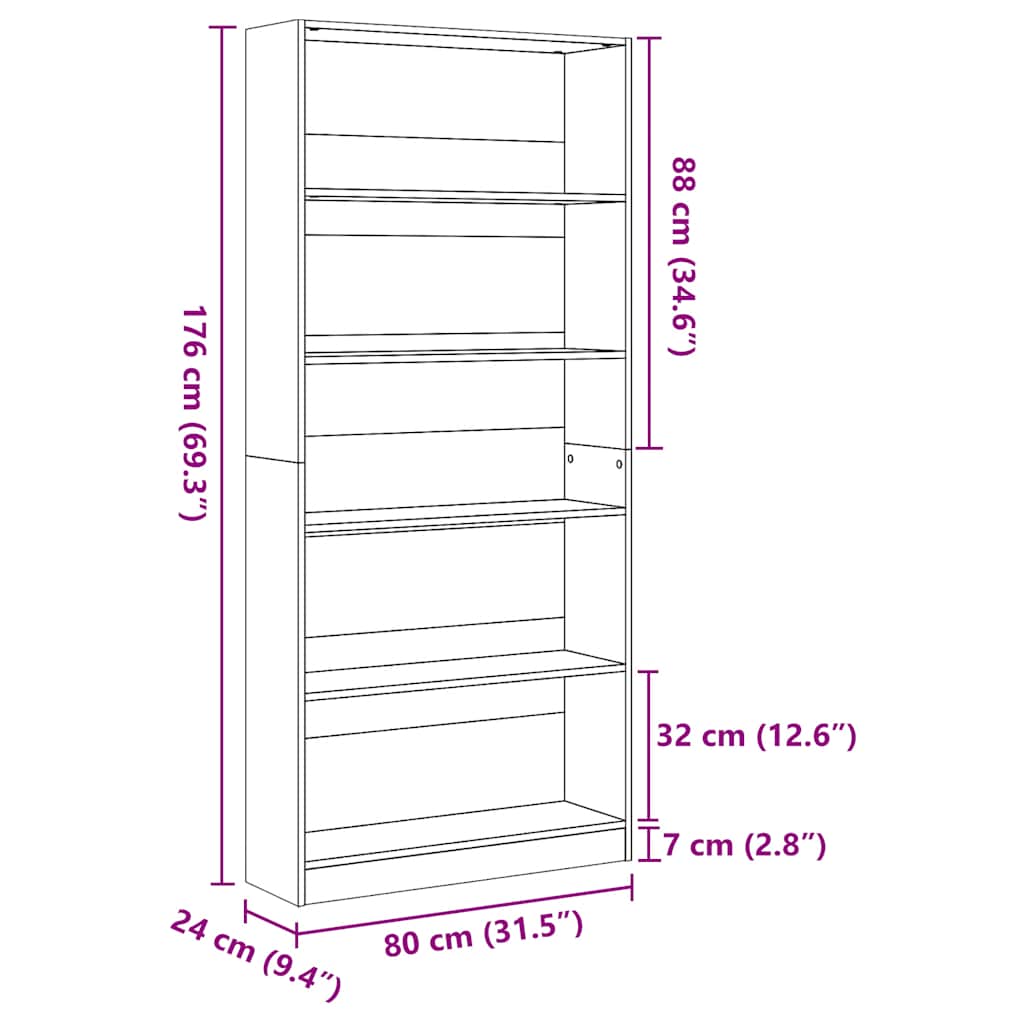 vidaXL Bookcase White 80x24x176 cm Engineered Wood