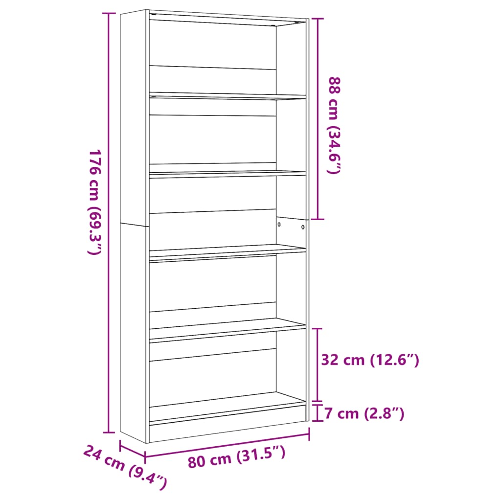 vidaXL Bookcase Sonoma Oak 80x24x176 cm Engineered Wood