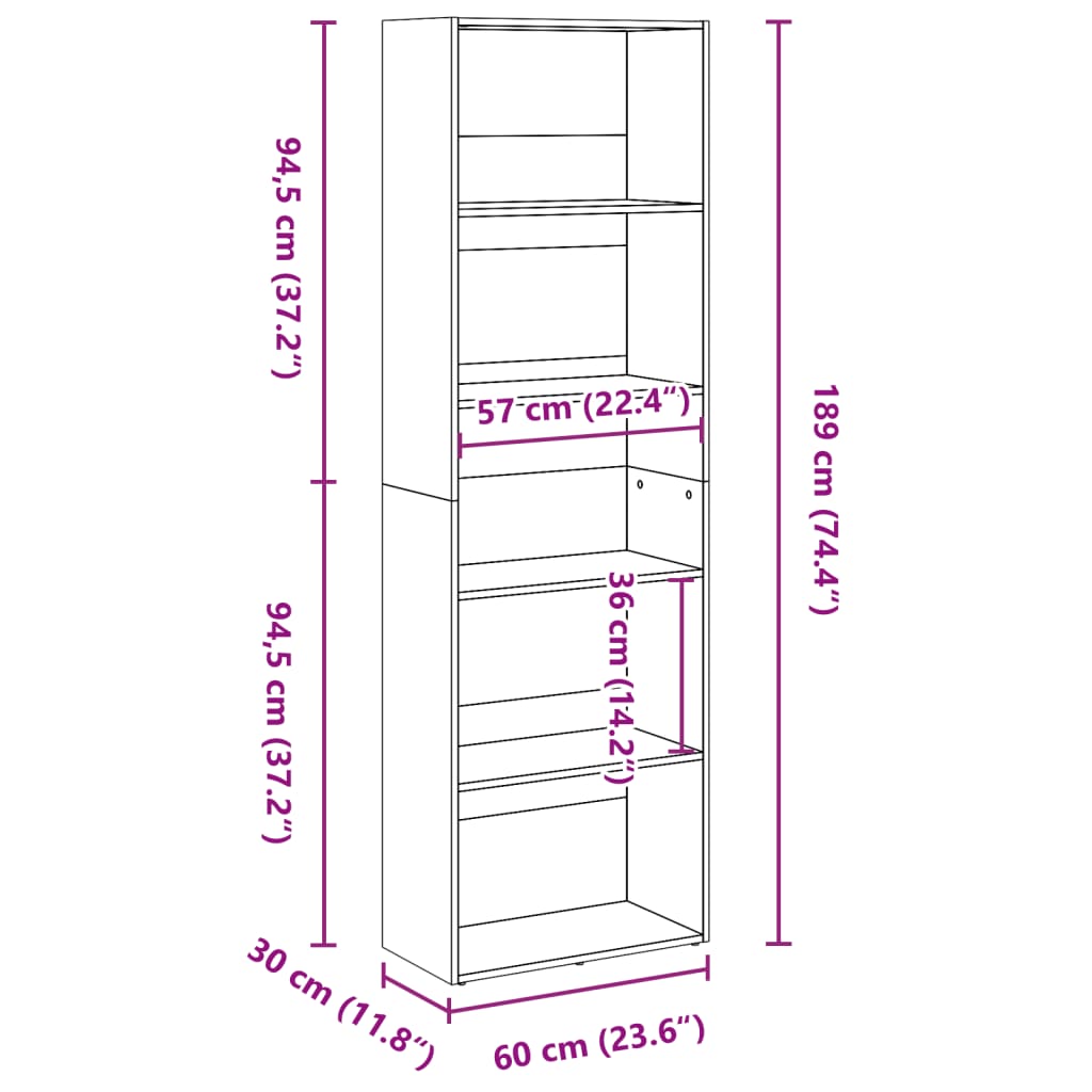 vidaXL Bookcase Sonoma Oak 60x30x189 cm Engineered Wood
