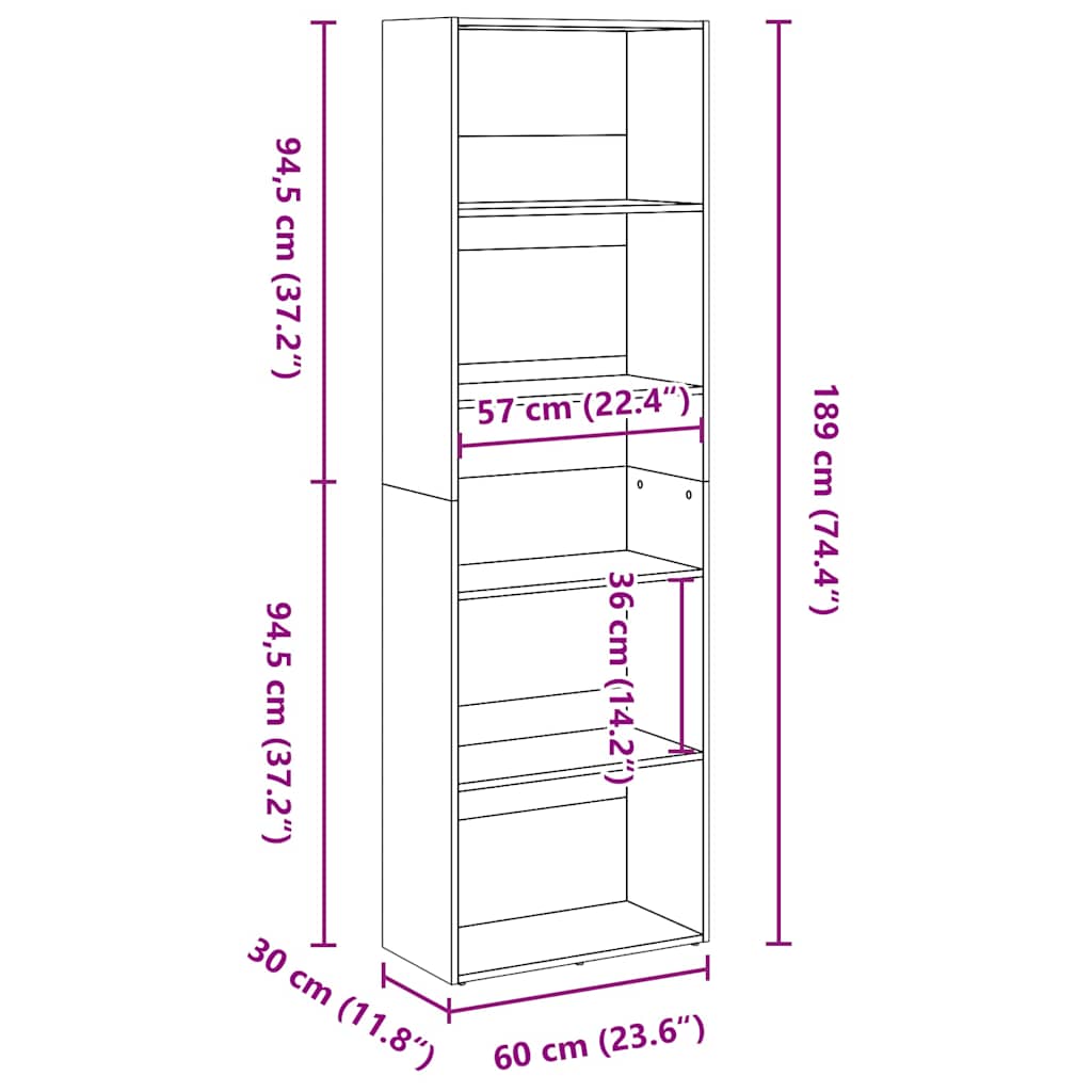 vidaXL Bookcase Smoked Oak 60x30x189 cm Engineered Wood
