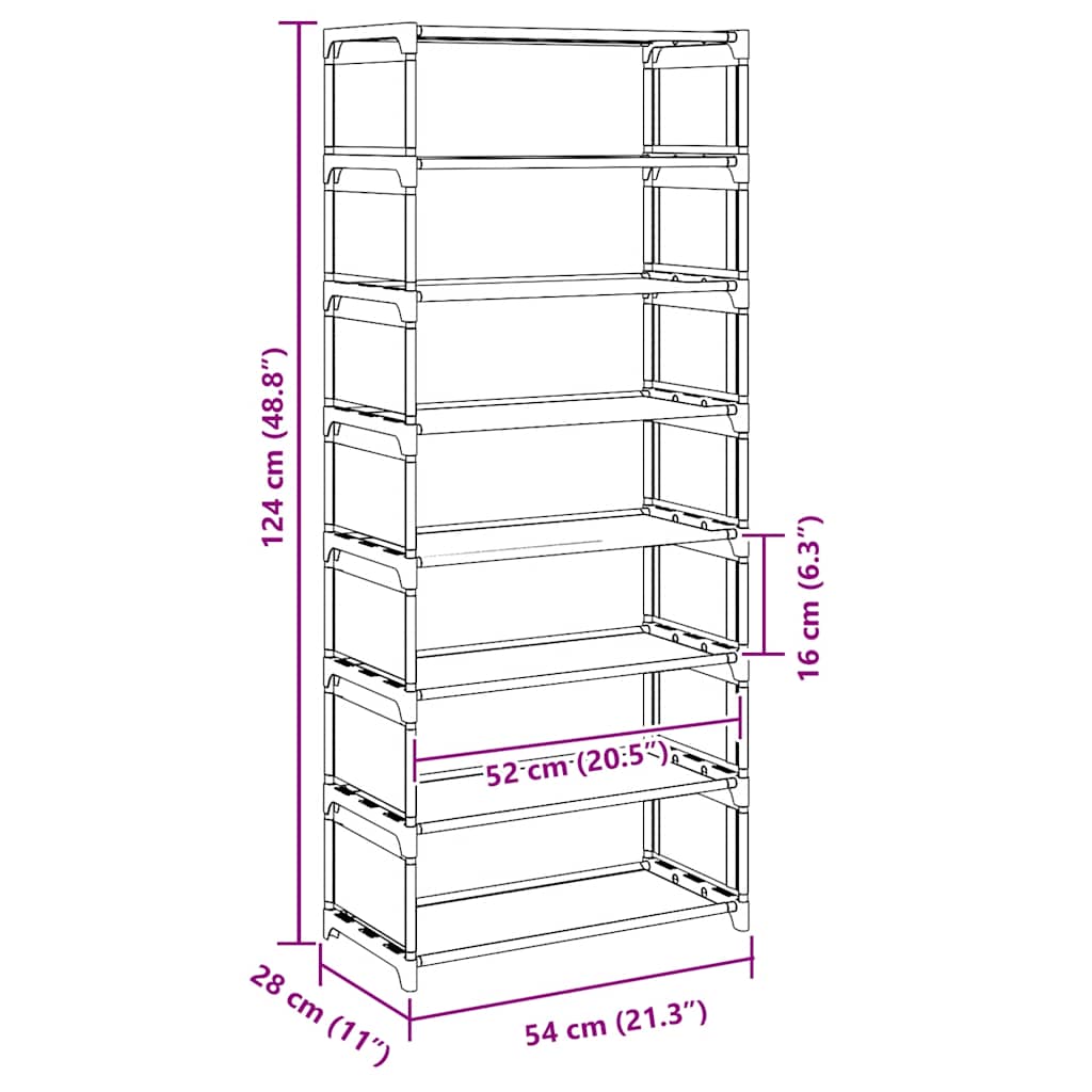 vidaXL Shoe Rack 8-Tier Grey 54x28x124 cm Non-woven Fabric