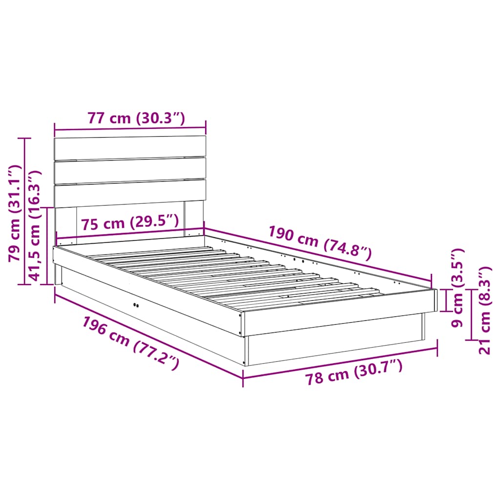 vidaXL Bed Frame with Headboard without Mattress 75x190 cm Small Single Solid Wood Oak