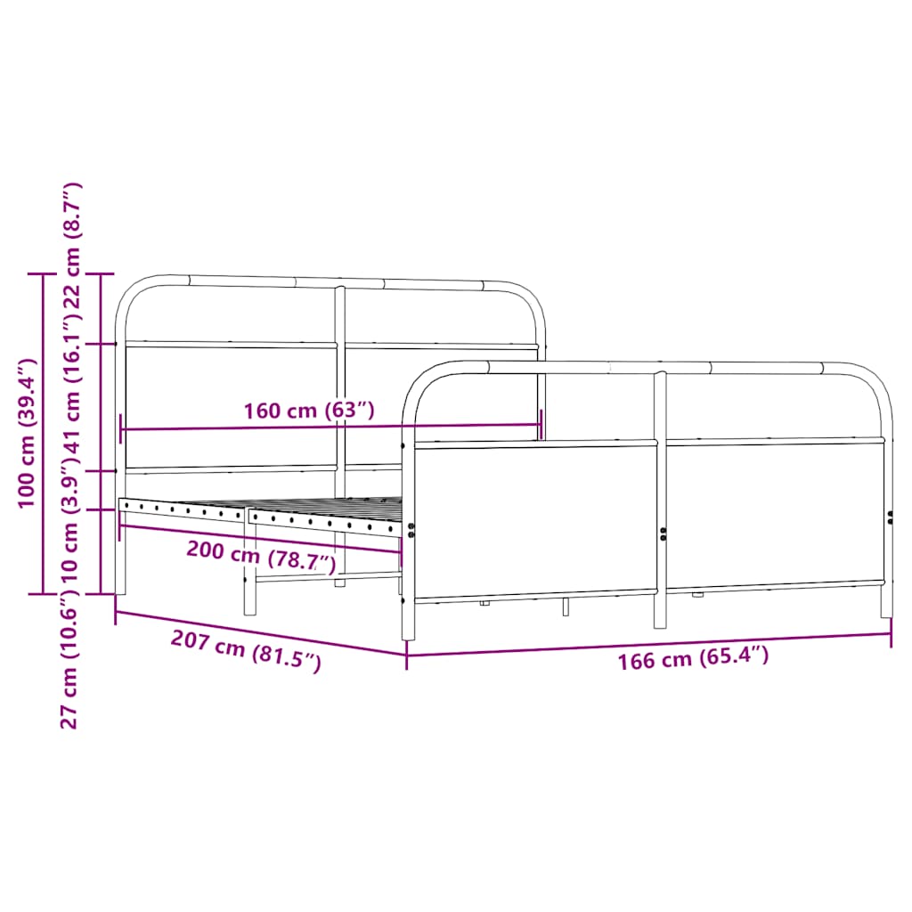 vidaXL Metal Bed Frame without Mattress Smoked Oak 160x200 cm