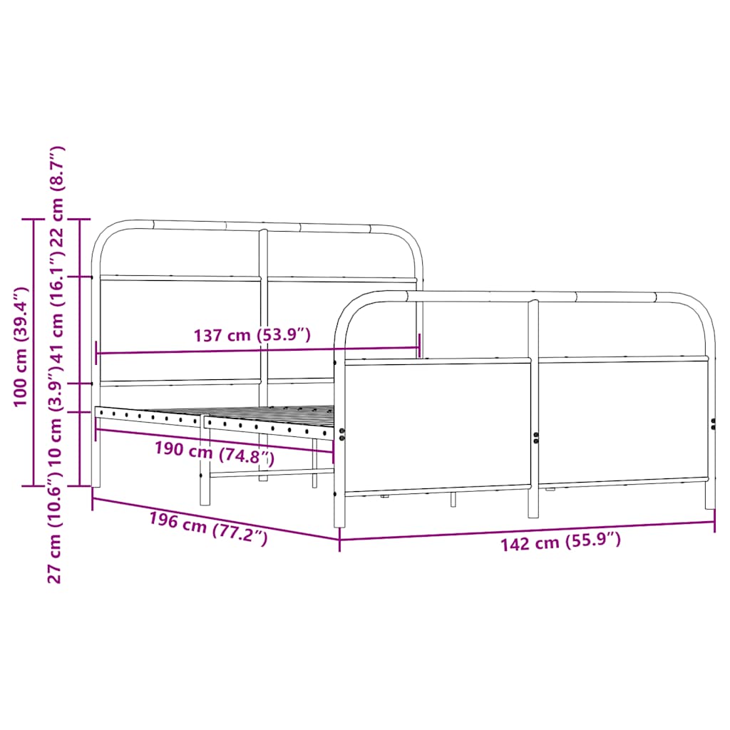 vidaXL Metal Bed Frame without Mattress Brown Oak 137x190 cm