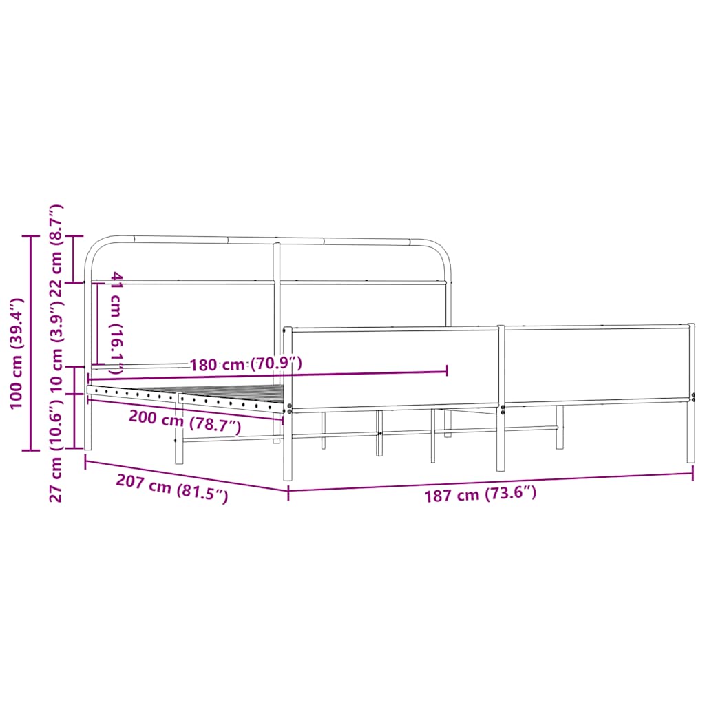 vidaXL Metal Bed Frame without Mattress Sonoma Oak 180x200 cm Super King