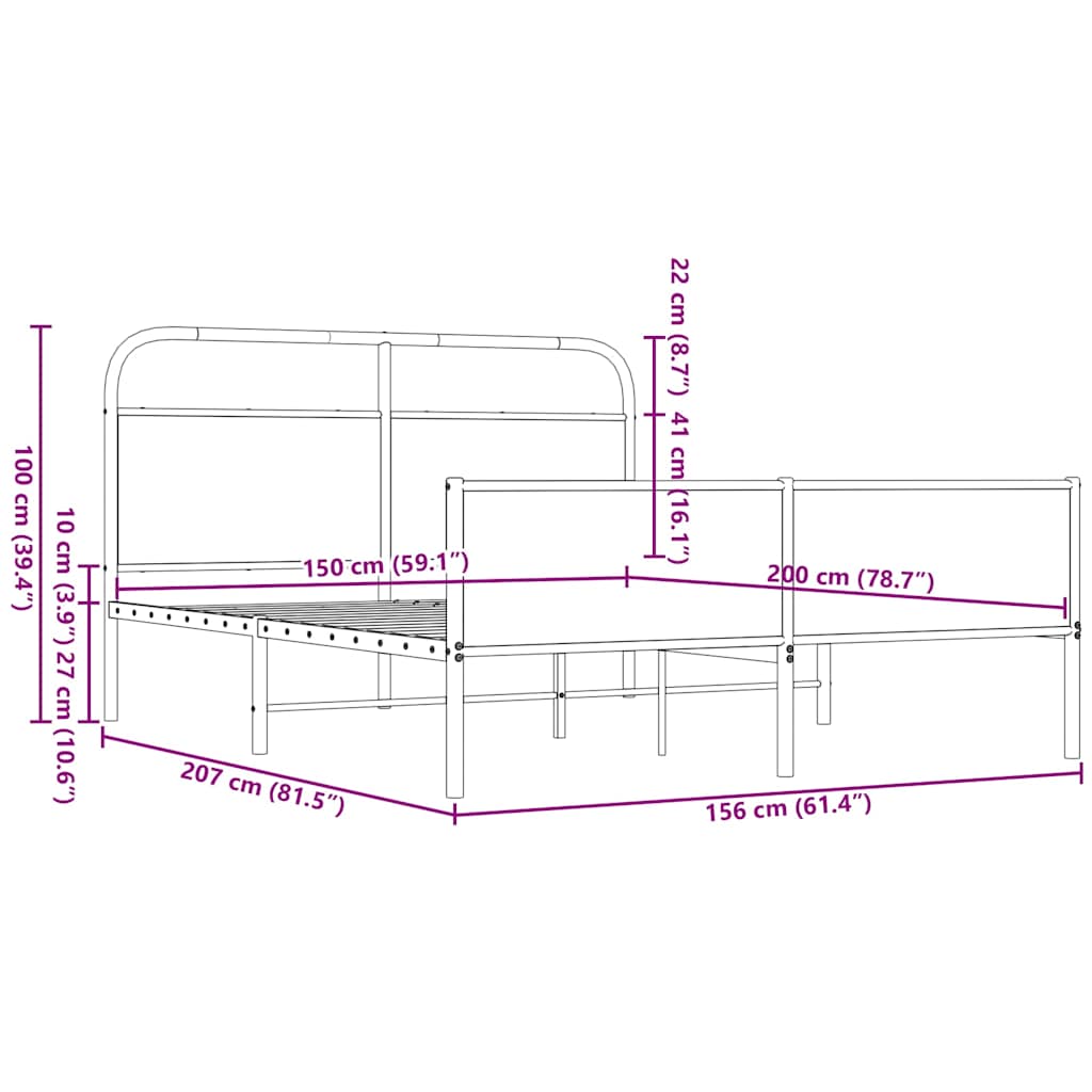 vidaXL Metal Bed Frame without Mattress Brown Oak 150x200 cm King Size