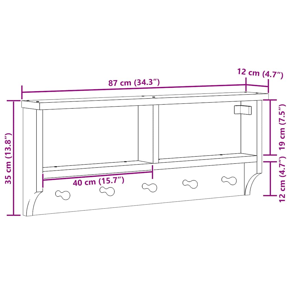 vidaXL Wall-mounted Coat Rack "SANDNES" 87x12x35 cm Solid Wood Pine