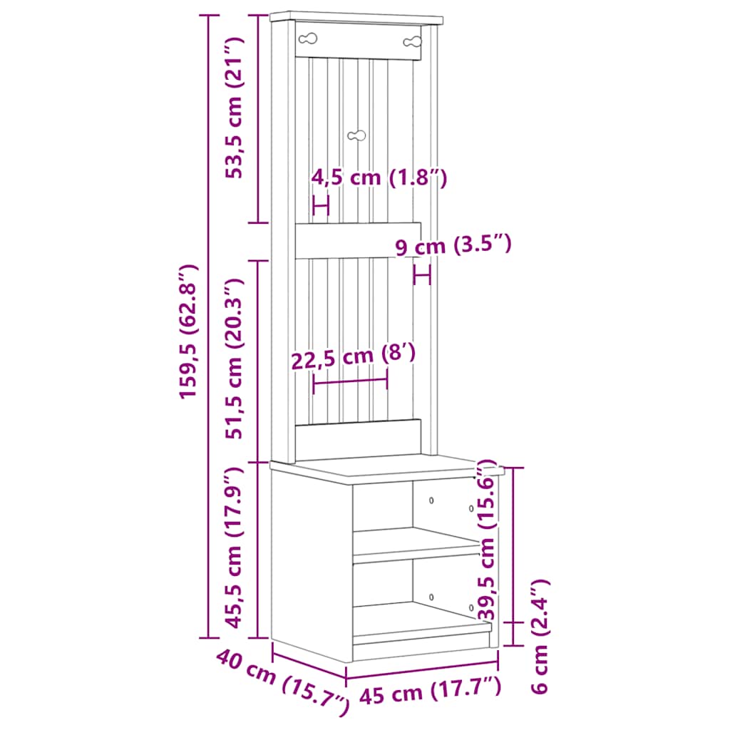 vidaXL Hall Tree SANDNES 45x40x159.5 cm Solid Wood Pine